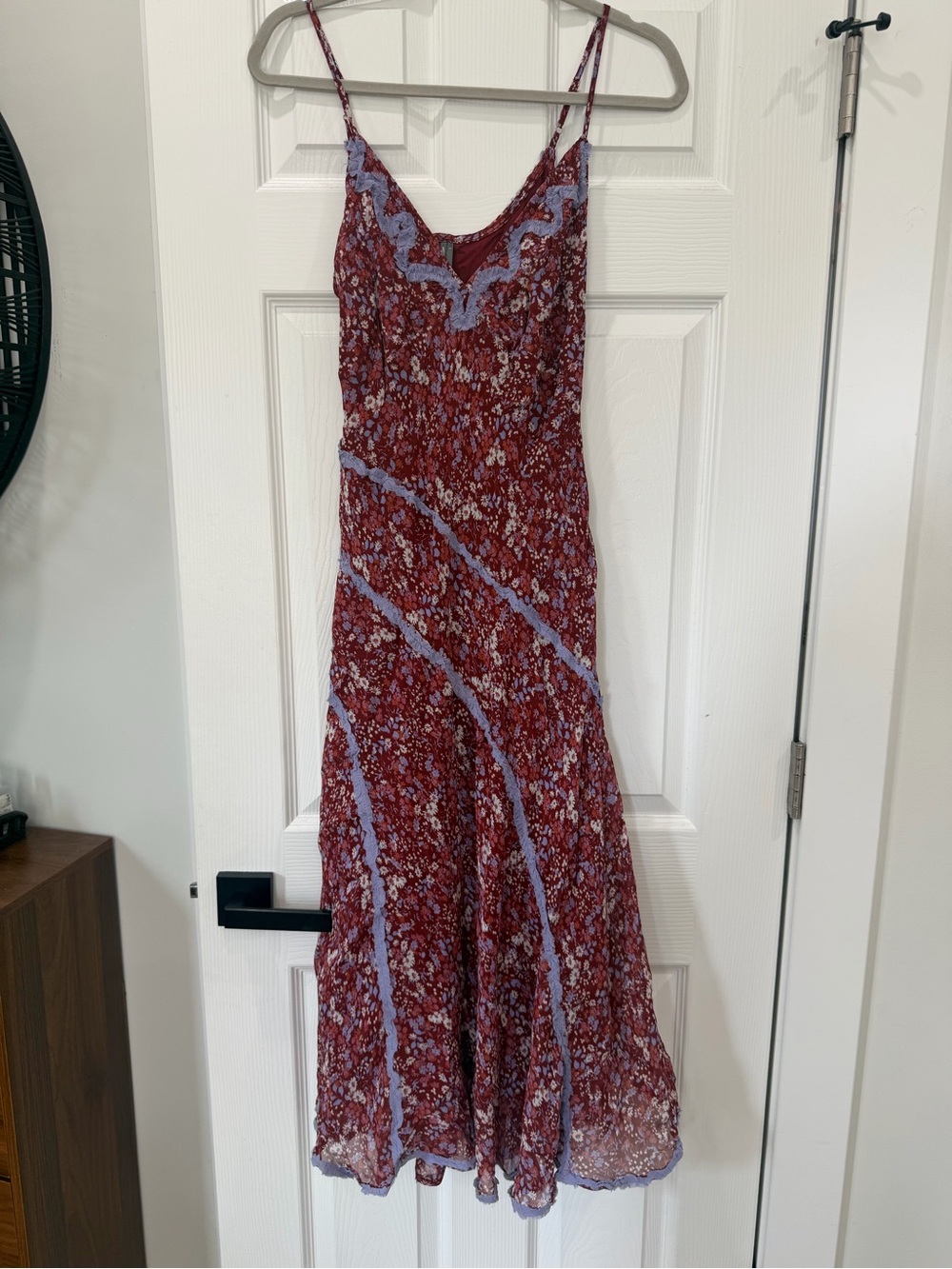Anthropologie Burgundy Floral Midi Dress with Lavender Trim NWOT
